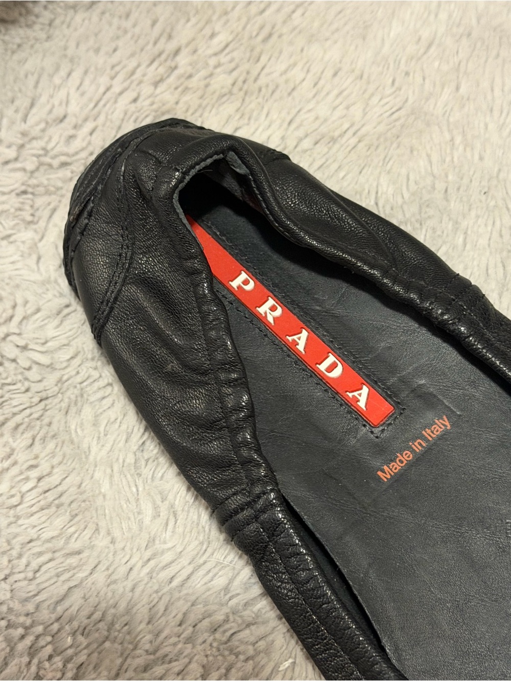 Prada Ballet Flats Womens EU 35 Black Leather Scrunch Slip On Shoes Designer - Picture 6 of 11
